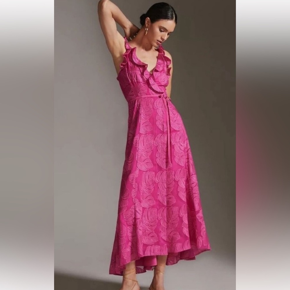 Anthropologie Hutch Pink Leaf Wrap Maxi Dress